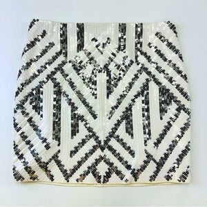 Express sequin white silver Art Deco stretch pull on lined skirt Large glam